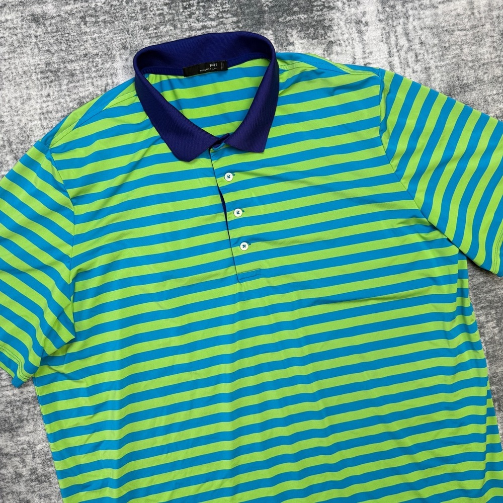 RLX Ralph Lauren Polo Shirt Mens XL Blue Green Striped Golf Performance Wicking